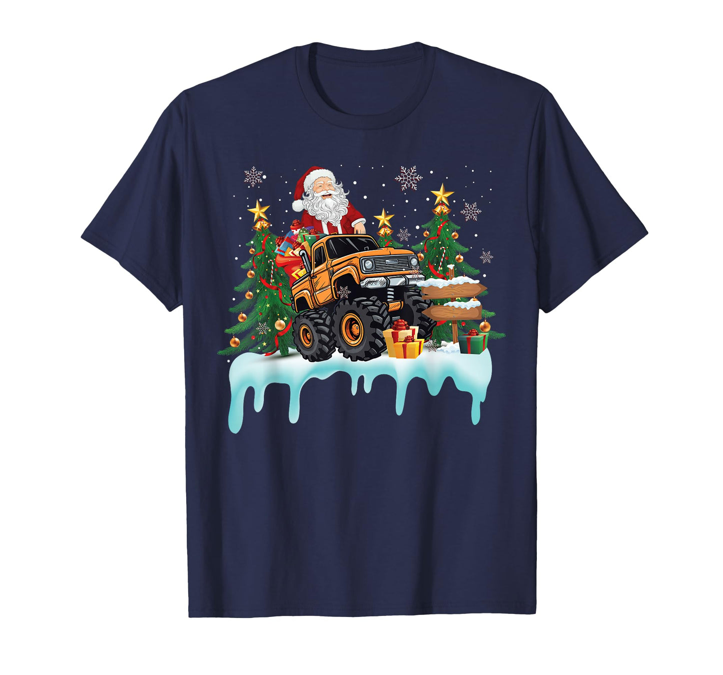 Santa Riding Monster Truck Christmas Tree Boys Girls Kids T-Shirt