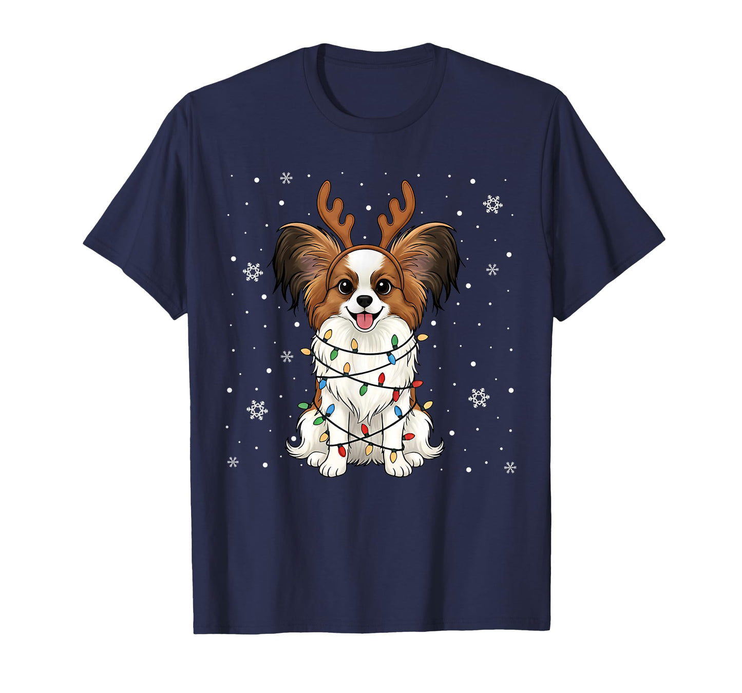 Papillon Dog Christmas Lights Reindeer Funny Xmas Dog Pajama T-Shirt