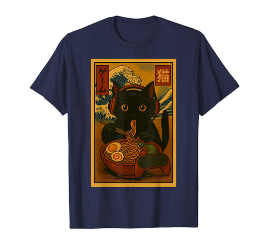 Gamer Cat Eating Ramen Japanese Style T-Shirt