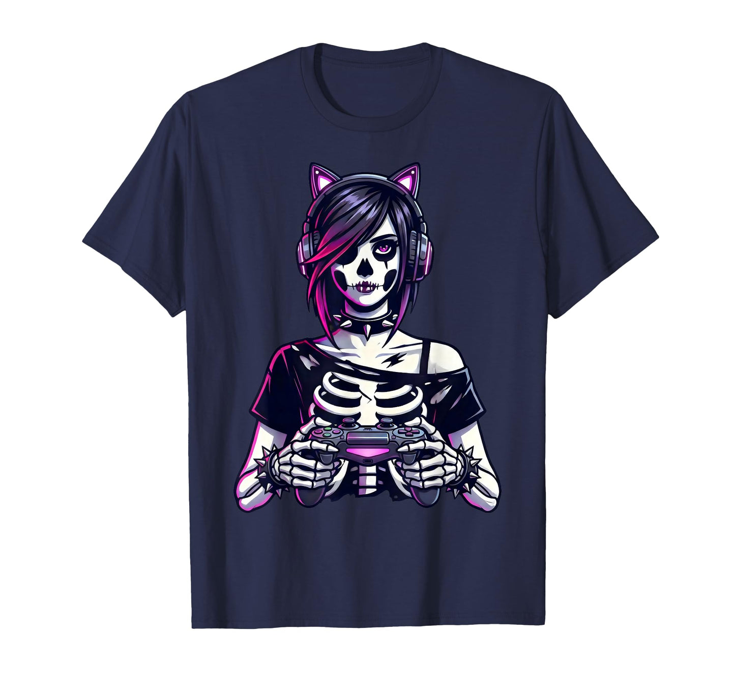 Gamer Goth Girl Emo Skeleton Cat Ear Gothic Art T-Shirt
