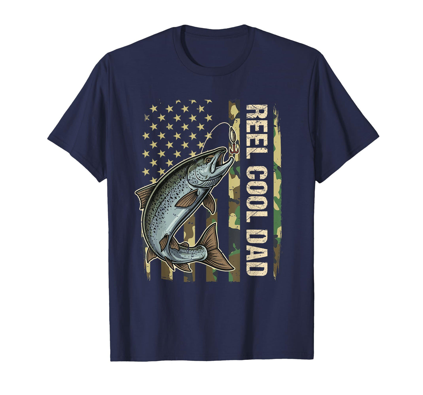 Reel Cool Dad Salmon Fishing Camo American Flag Fisherman T-Shirt