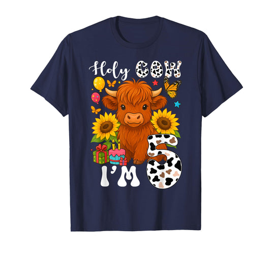 Holy Cow I'm 5 Years Old Farm Cow Sunflowers 5th Birthday T-Shirt