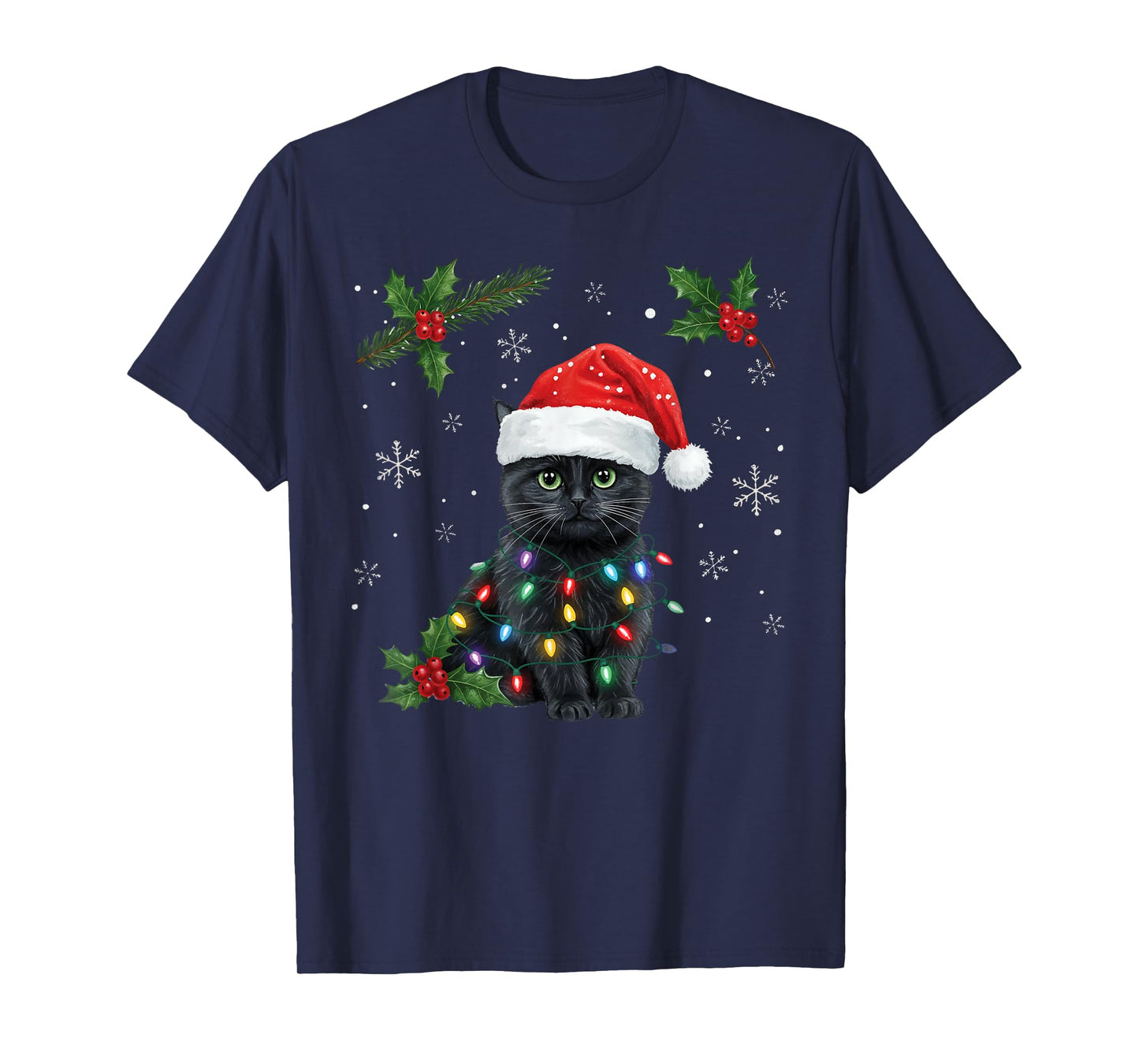 Black Cat Christmas Tree Lights Cute Cat Santa Hat Xmas T-Shirt