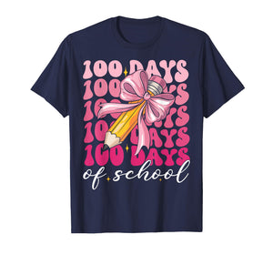 100 Days of School Girls Coquette Pink Bow Teacher Student T-Shirt