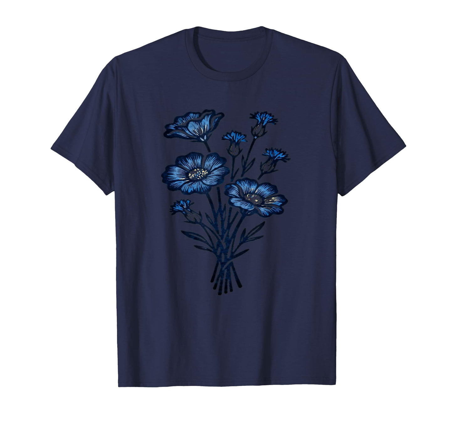 Vintage Indigo Blue Floral Wildflowers Botanical Nature Art T-Shirt