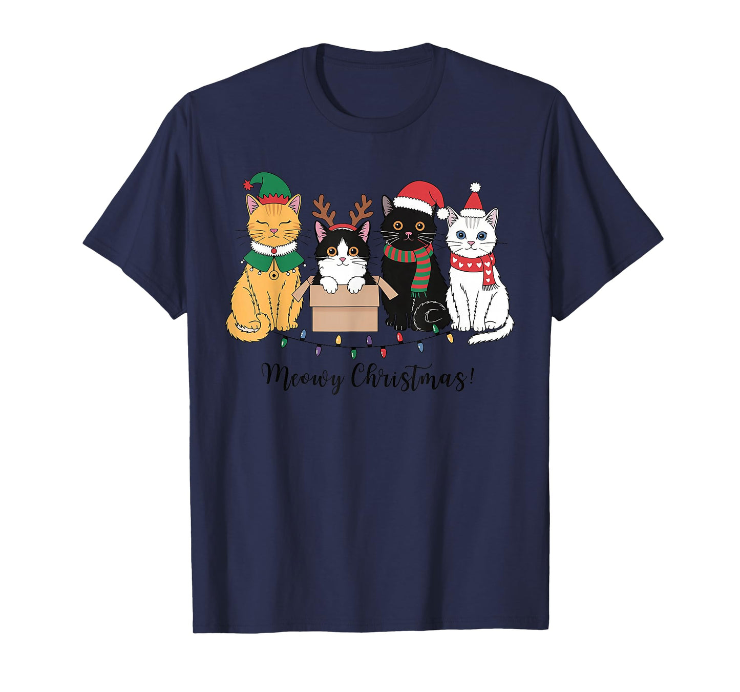 Meowy Christmas Xmas Lights Black Cat Pajamas Family Funny T-Shirt