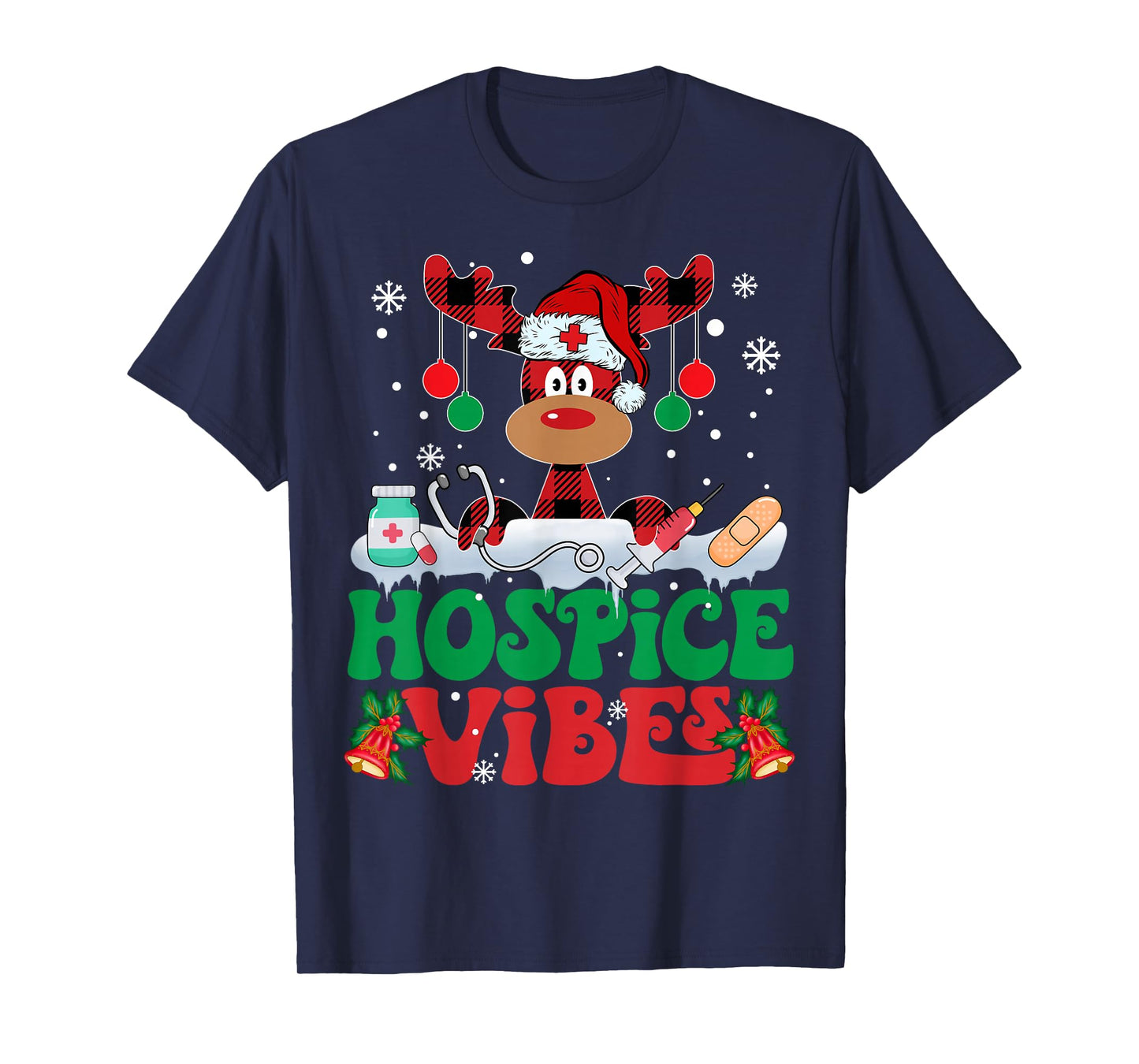 Hospice Vibes Nurse Reindeer Santa Stethoscope Christmas T-Shirt
