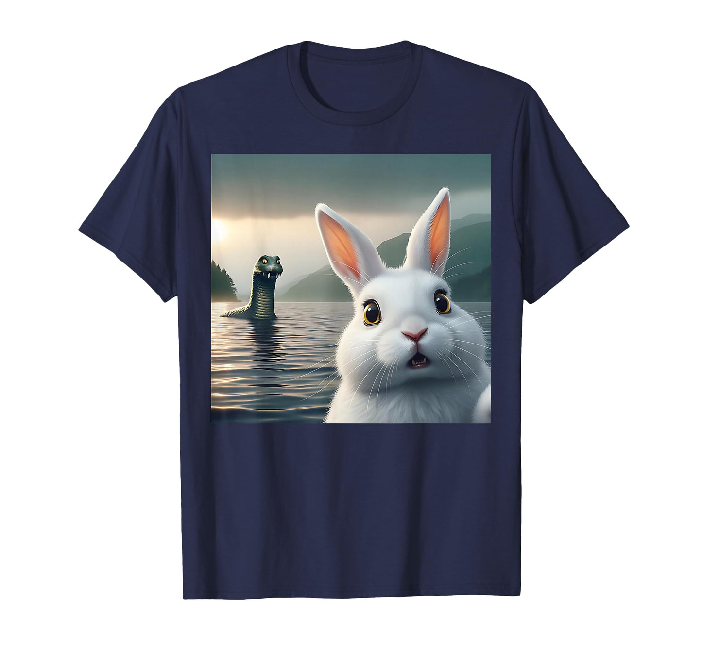 Surprised Rabbit Selfie with Loch Ness Monster Nessie Funny T-Shirt