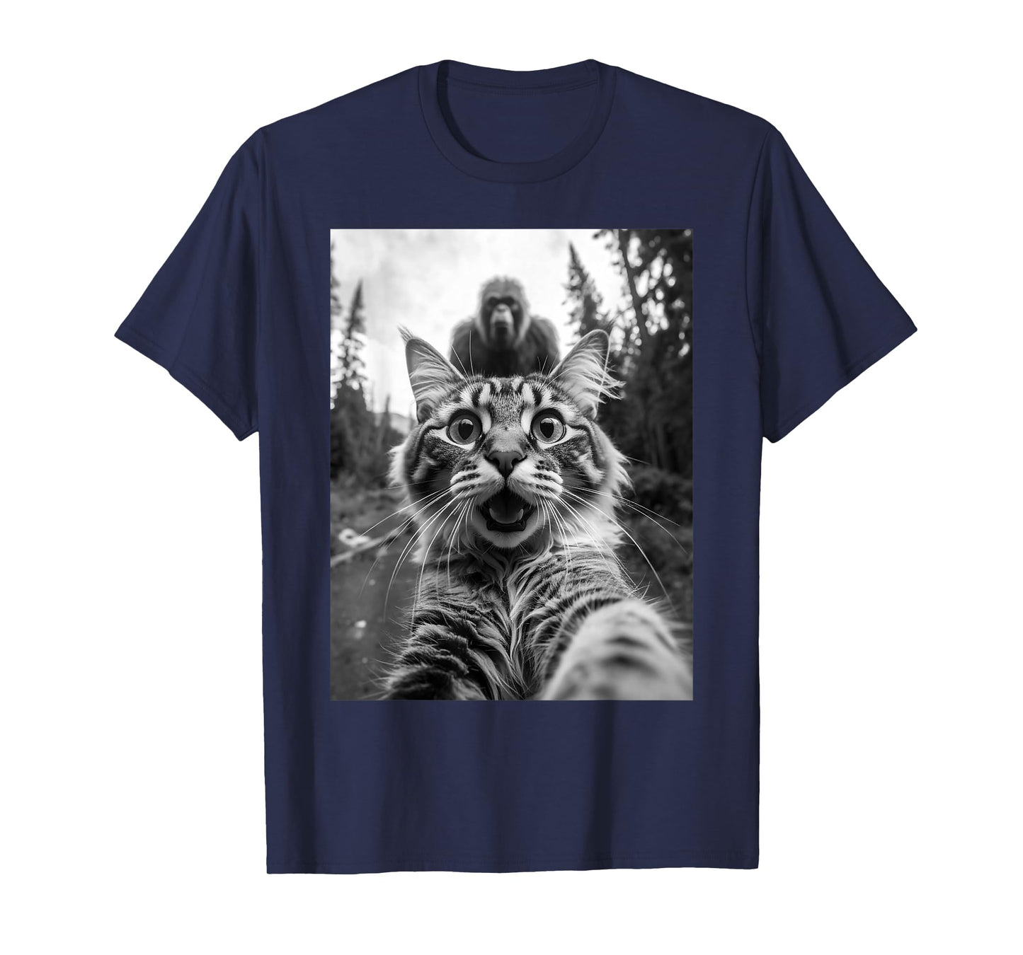 Funny Shocked Cat Selfie with Bigfoot Sasquatch Forest T-Shirt