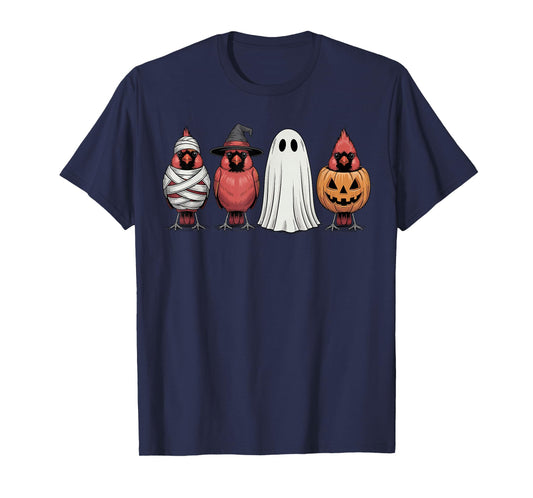 Spooky Ghost Red Cardinal Bird Pumpkin Halloween Skeleton T-Shirt