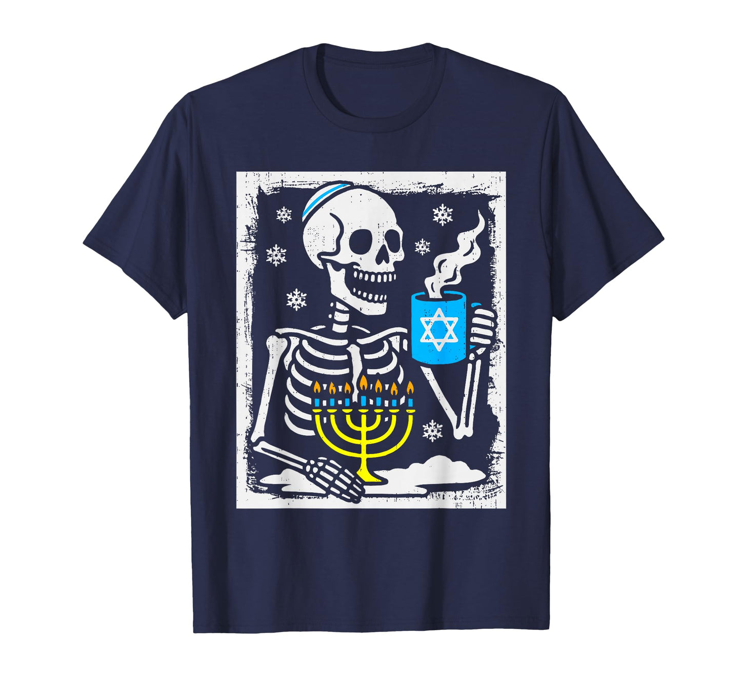 Hanukkah Skeleton Coffee Dreidel Jewish Menorah Chanukah T-Shirt