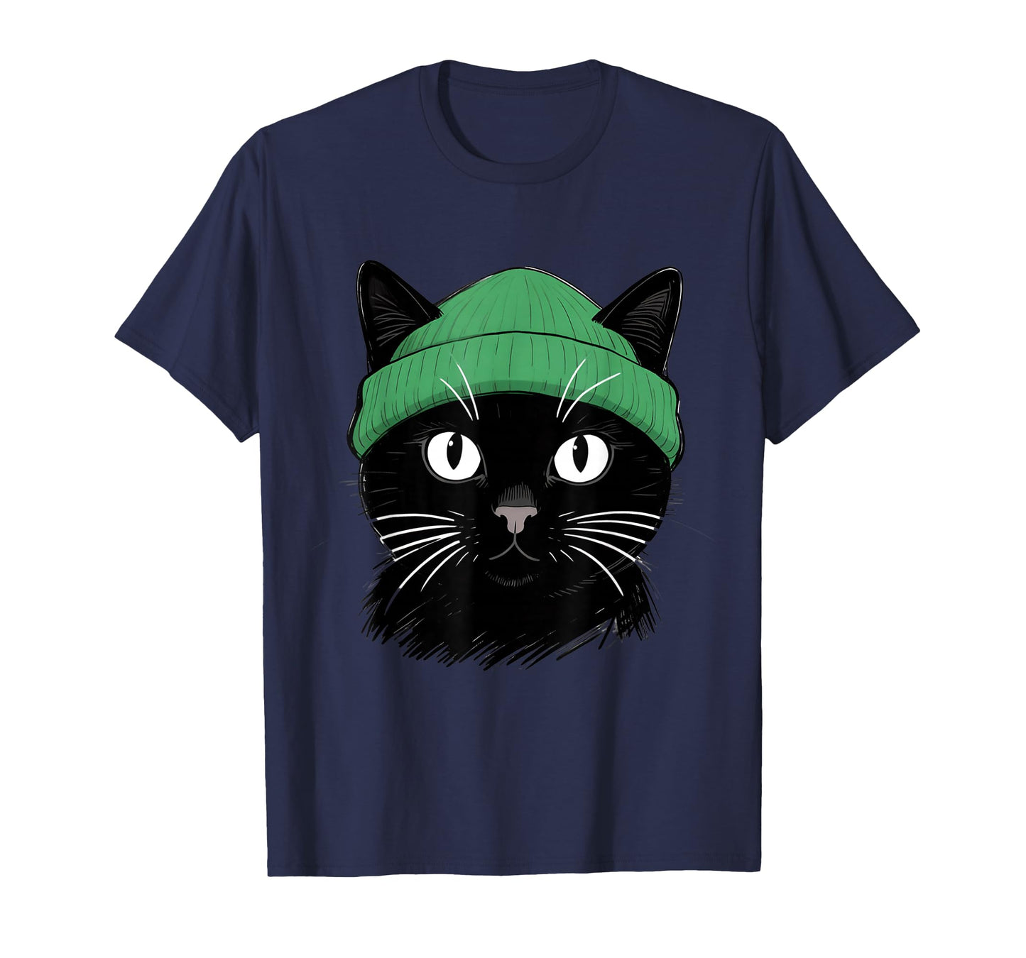 Black Cat with Green Beanie Vintage Design T-Shirt