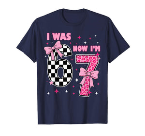 7th Birthday Girl I was 6 Now I'm 7 Coquette Bow Bday Party T-Shirt
