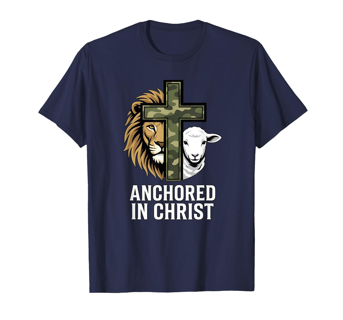 Christian Faith Anchored in Christ Camo Cross Lion Sheep T-Shirt