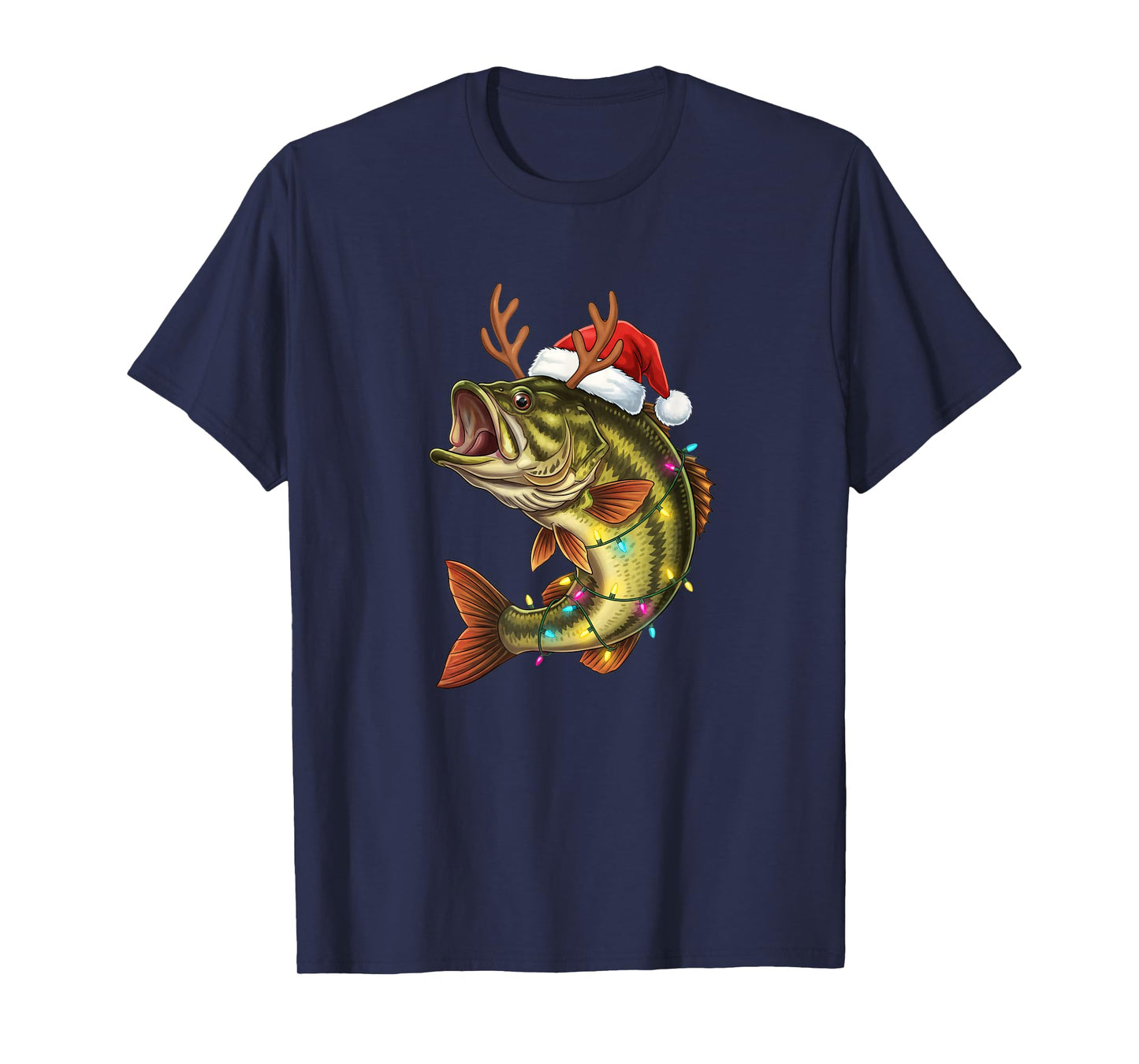 Christmas Bass Santa Hat with Lights Funny Fishing Xmas Angl T-Shirt