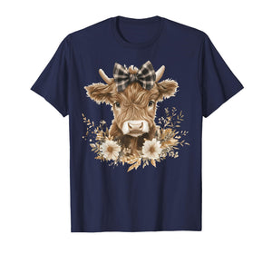 Highland Cow with Bow Flowers Cute Floral Cow Girls Women T-Shirt