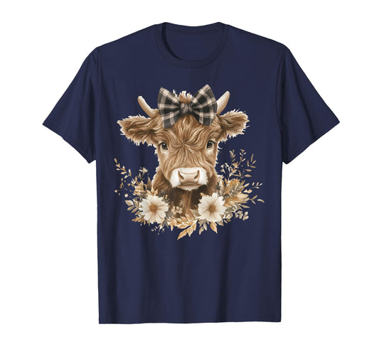Highland Cow with Bow Flowers Cute Floral Cow Girls Women T-Shirt