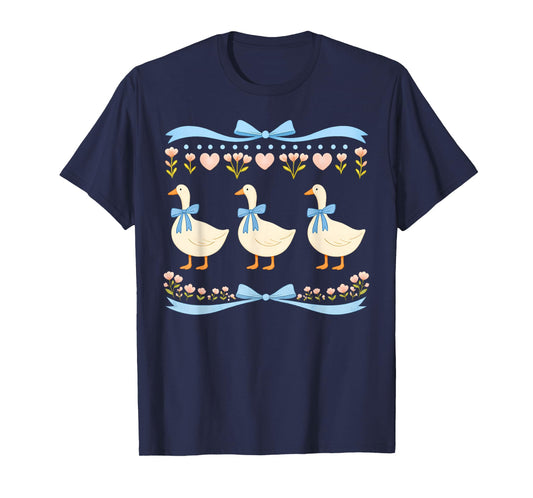 Three Ducks with Blue Bows Ribbon Floral Cottagecore T-Shirt