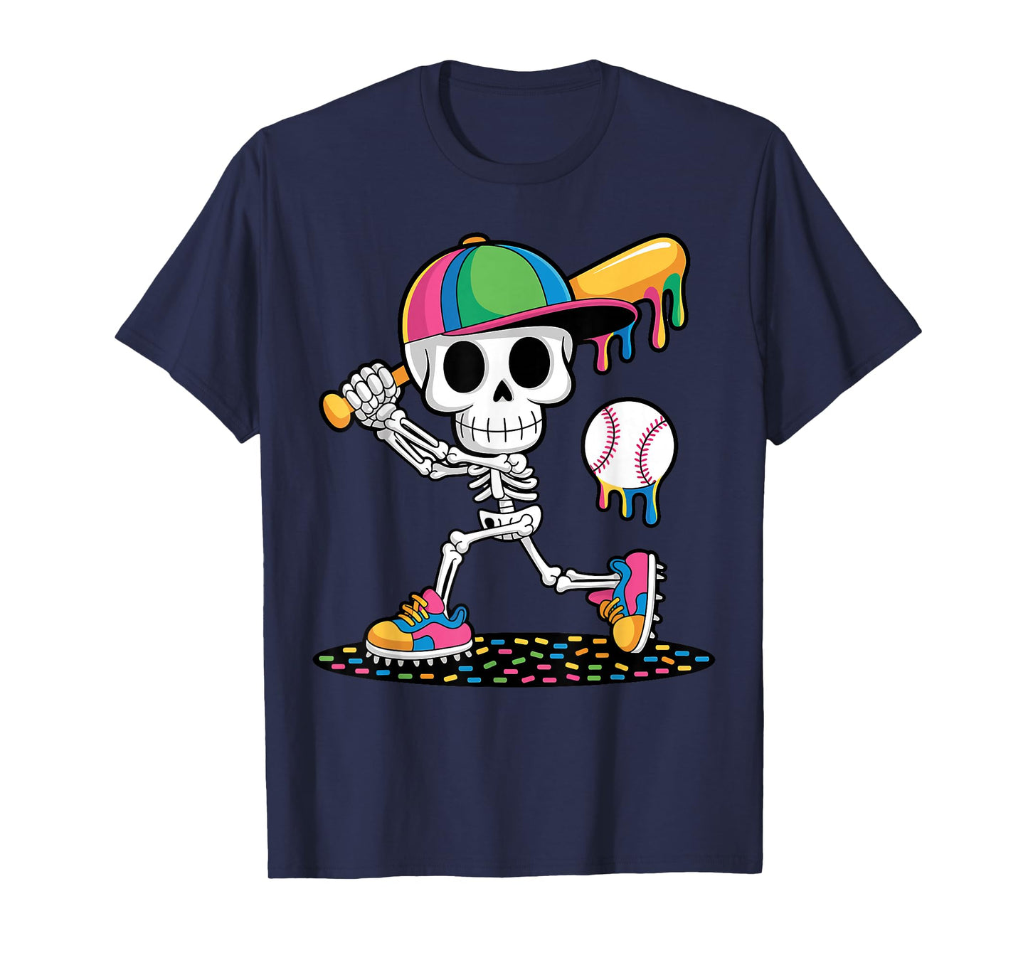 Skeleton Playing Baseball Halloween Drip Design for Kids T-Shirt