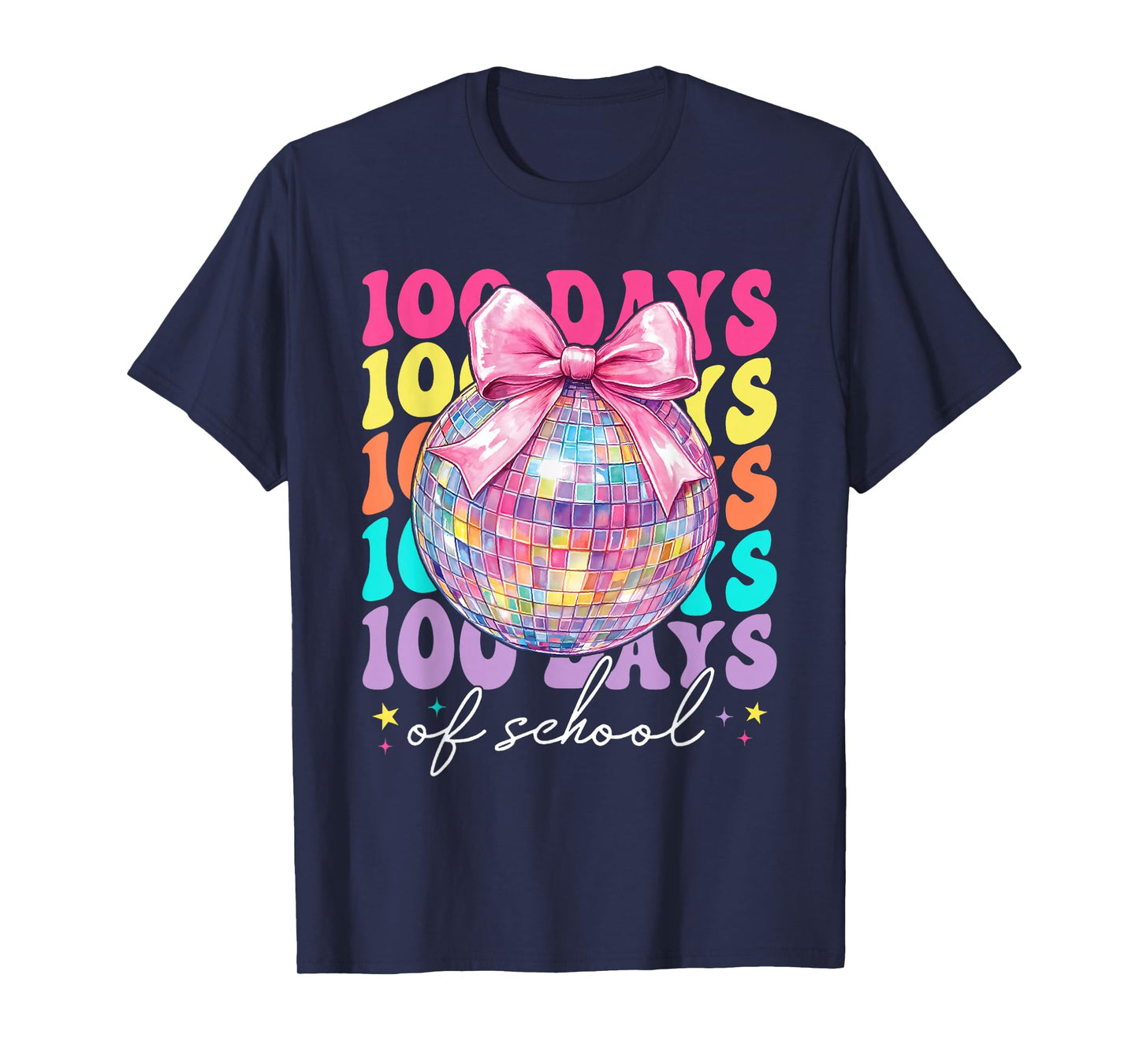 Retro 100 Days of School Coquette Bow Disco Ball Girls Women T-Shirt