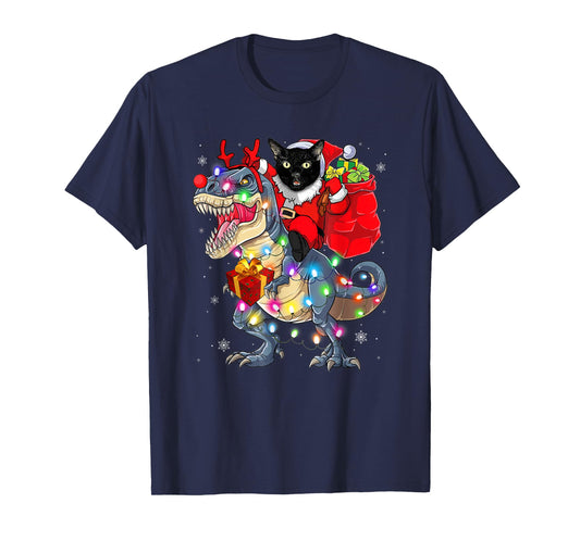 Funny Santa Cat Riding Dinosaur Xmas Lights T-Shirt