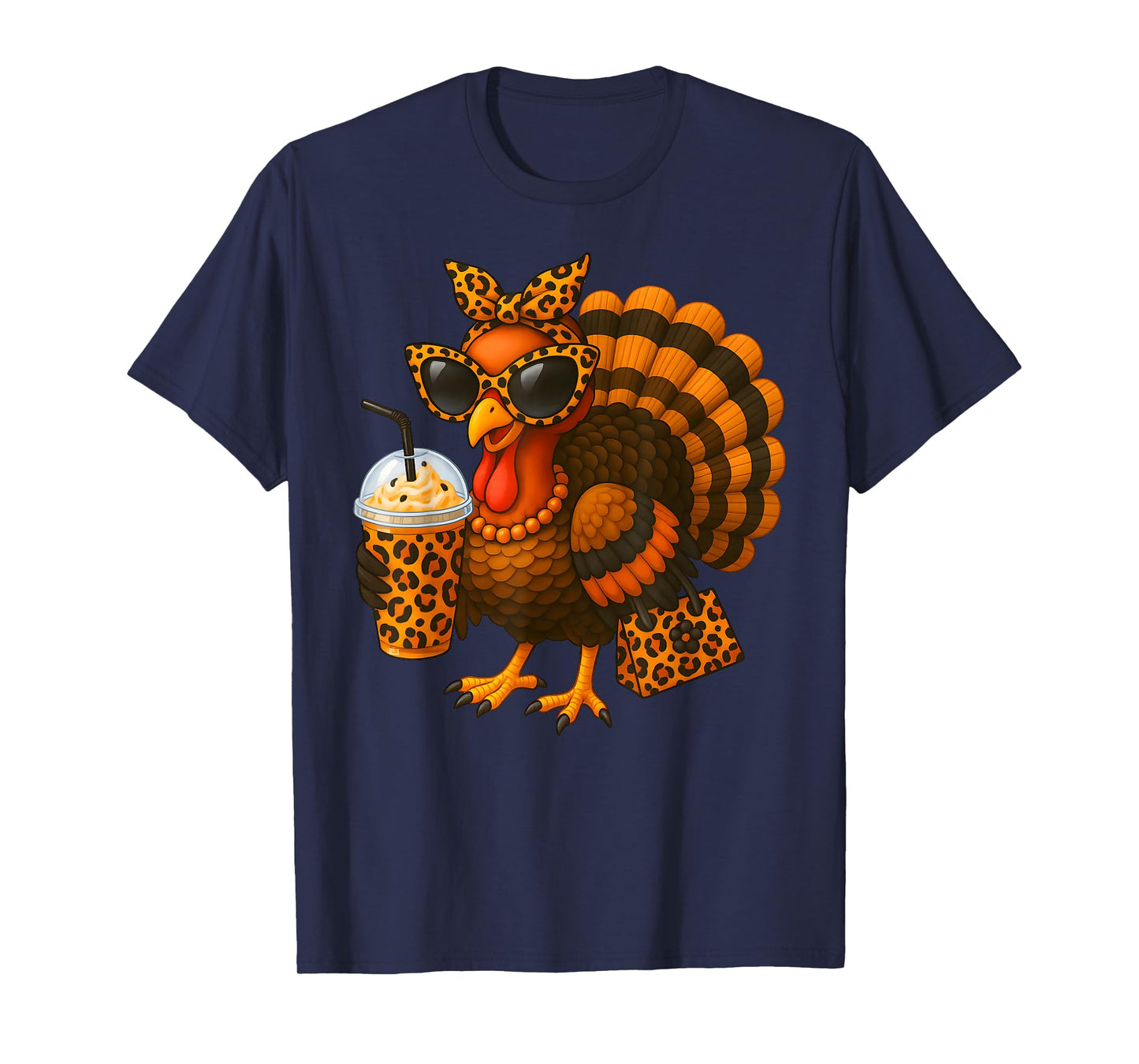 Thanksgiving Turkey Drinking Coffee Leopard Women Girl T-Shirt