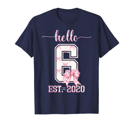 Hello 6 Est 2020 6th Birthday Girl Cute Pink Coquette Bow T-Shirt