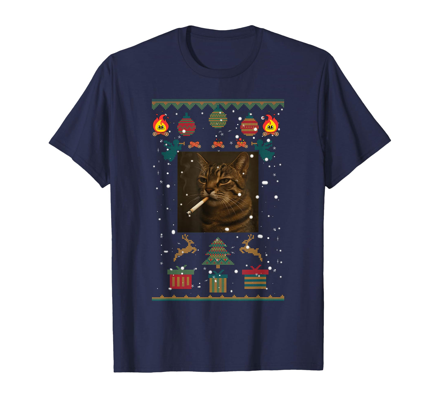 Smoking Cat Cigarette Meme Sarcasm Ugly Christmas Sweater T-Shirt