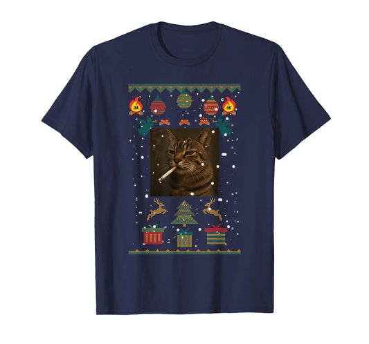 Smoking Cat Cigarette Meme Sarcasm Ugly Christmas Sweater T-Shirt