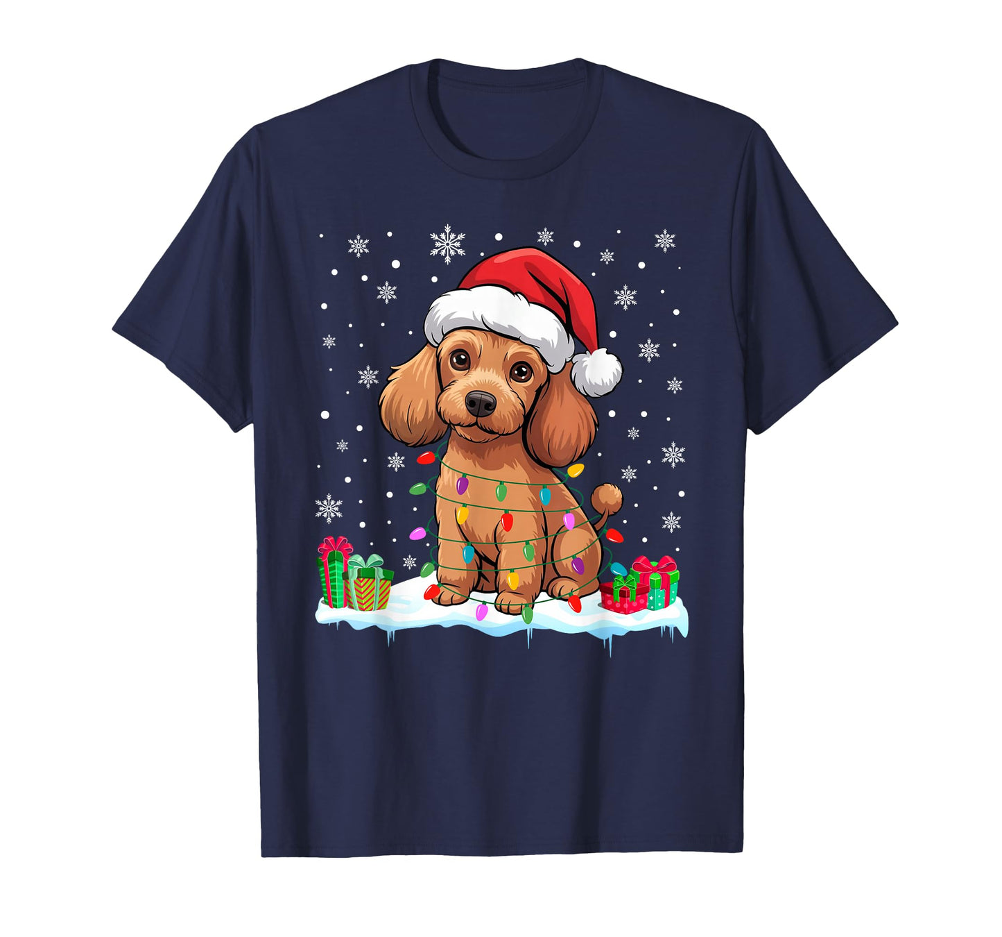Poodle Dog Christmas Lights Decor Funny Santa Hat Ugly Xmas T-Shirt
