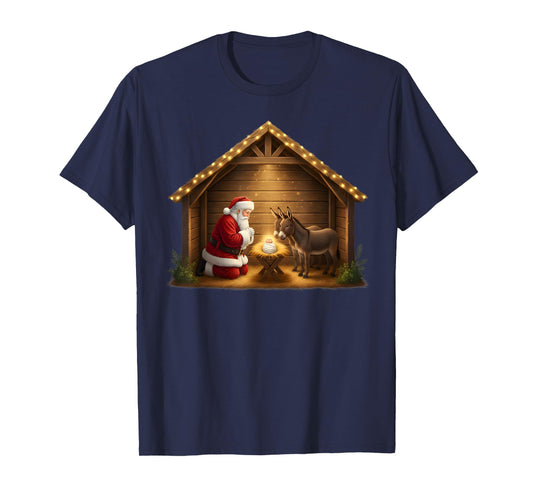 Kneeling Santa Claus & Baby Jesus Merry Christmas Christians T-Shirt