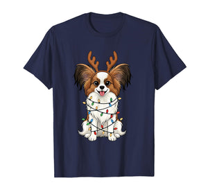 Papillon Dog Christmas Reindeer Lights Funny Dog Lover Xmas T-Shirt