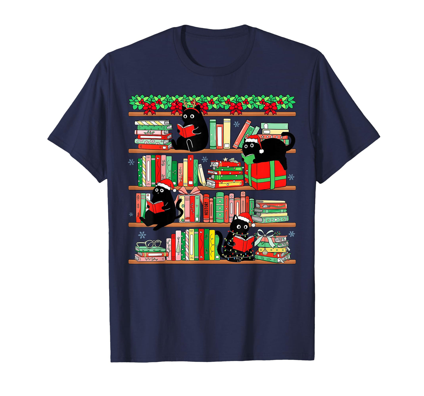 Christmas Black Cat Santa Bookshelves Book Lover Reader T-Shirt