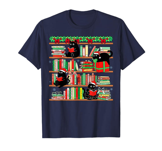 Christmas Black Cat Santa Bookshelves Book Lover Reader T-Shirt