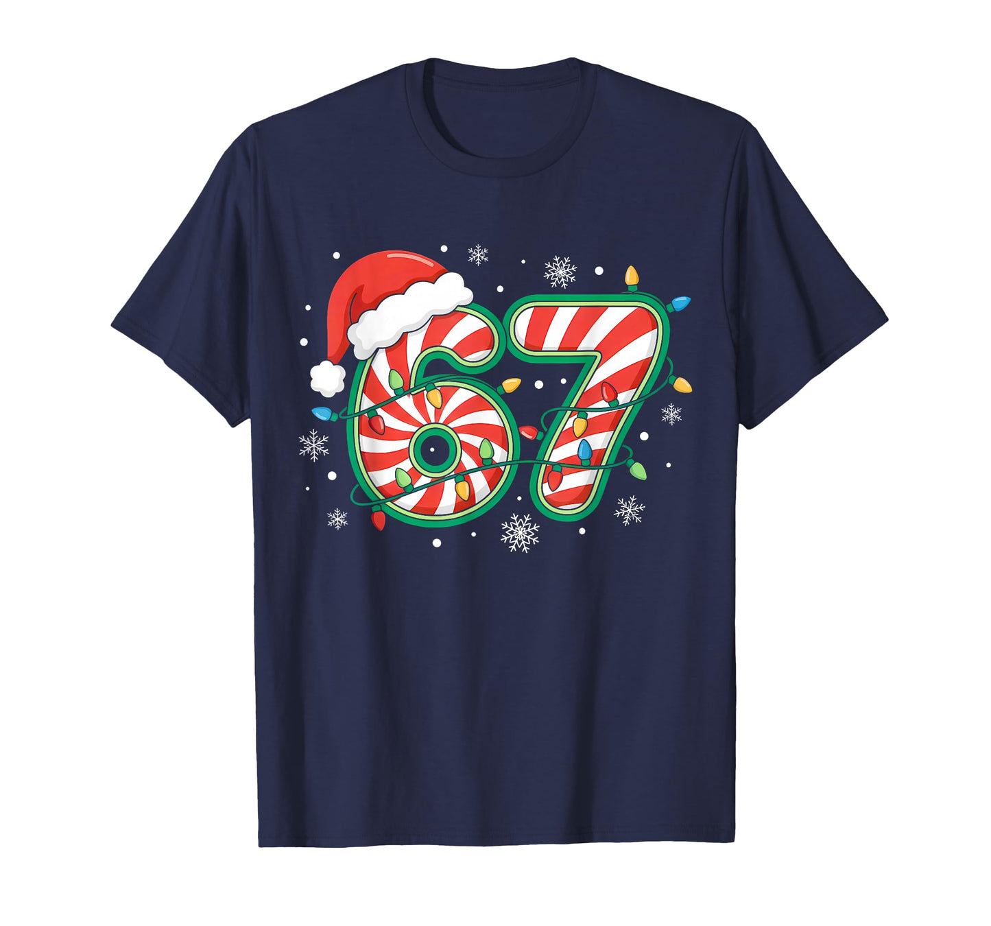 Christmas 67 Six Seven Meme Candy Cane Santa Hat Xmas Lights T-Shirt