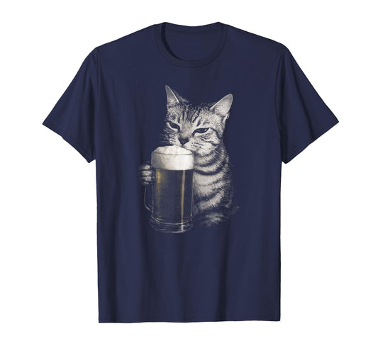 Cat Drinks Beer Funny Meme Men Women Matching T-Shirt
