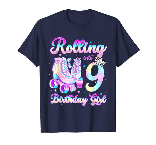 Kids Rolling Into 9 Roller Skating 9th Birthday Girls Party T-Shirt