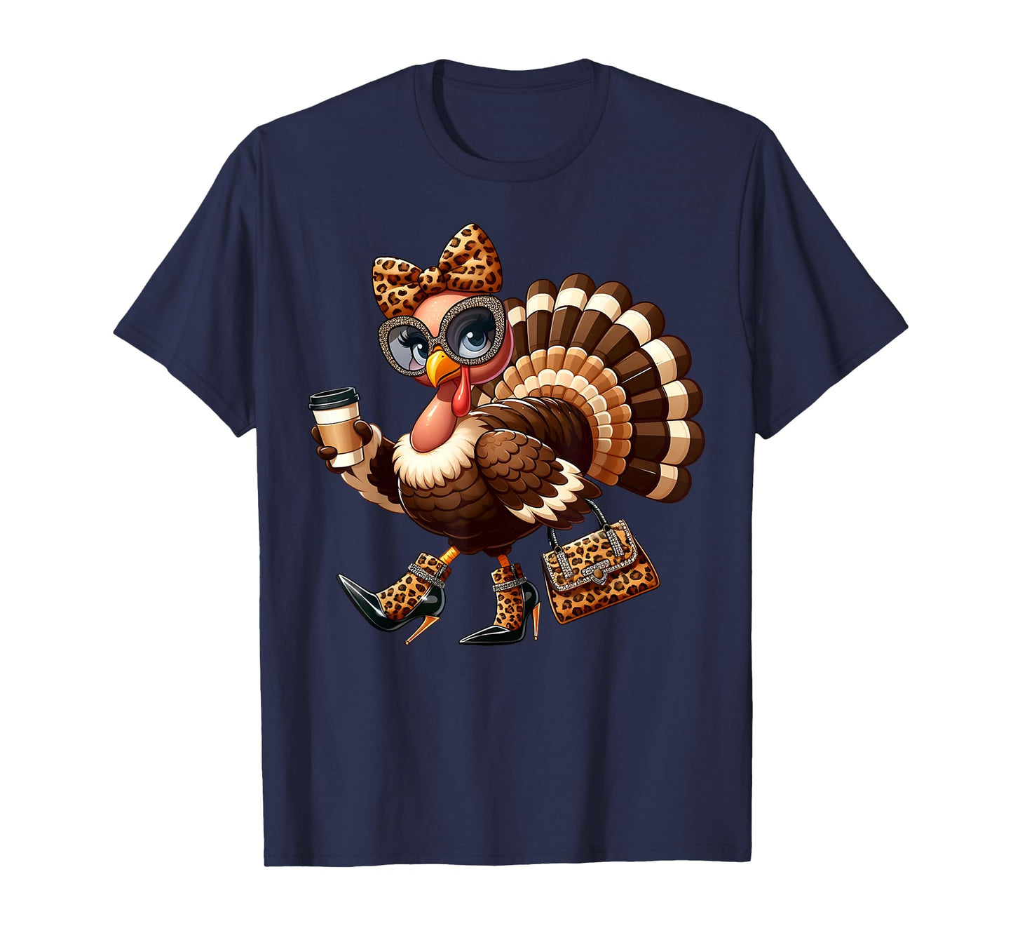 Leopard Turkey Drinking Coffee Thanksgiving Women Turkey Day T-Shirt
