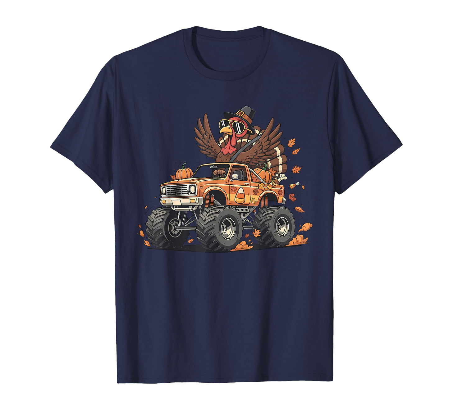 Cute Turkey Riding Monster Truck Thanksgiving Men Boys Kids T-Shirt
