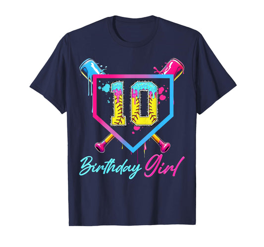 10th Birthday Softball Ice Cream Drip 10 Year Old Bday Girl T-Shirt