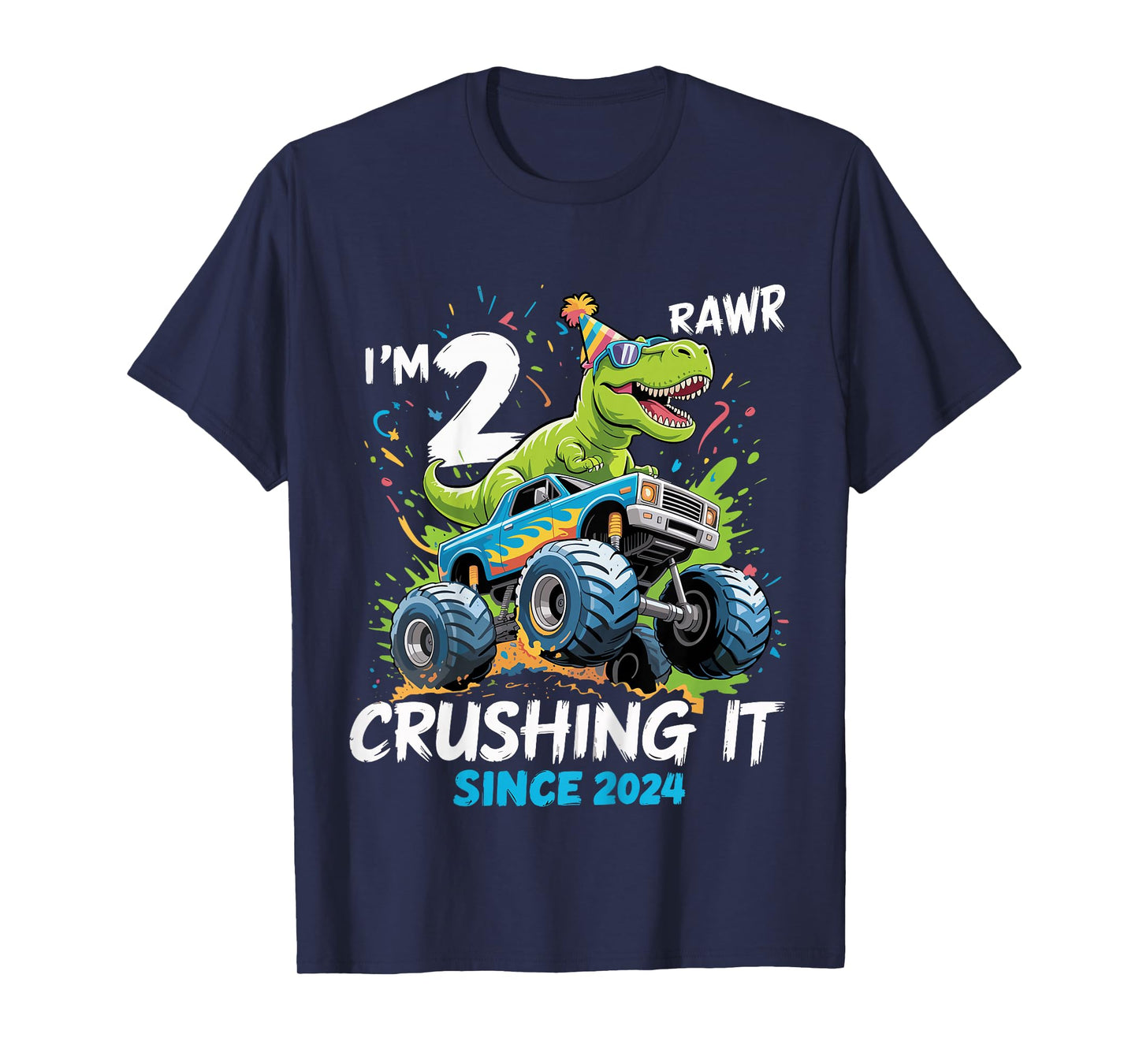 Kids 2nd Birthday Monster Truck Dinosaur 2 Year Old boy Born 2024 T-Shirt