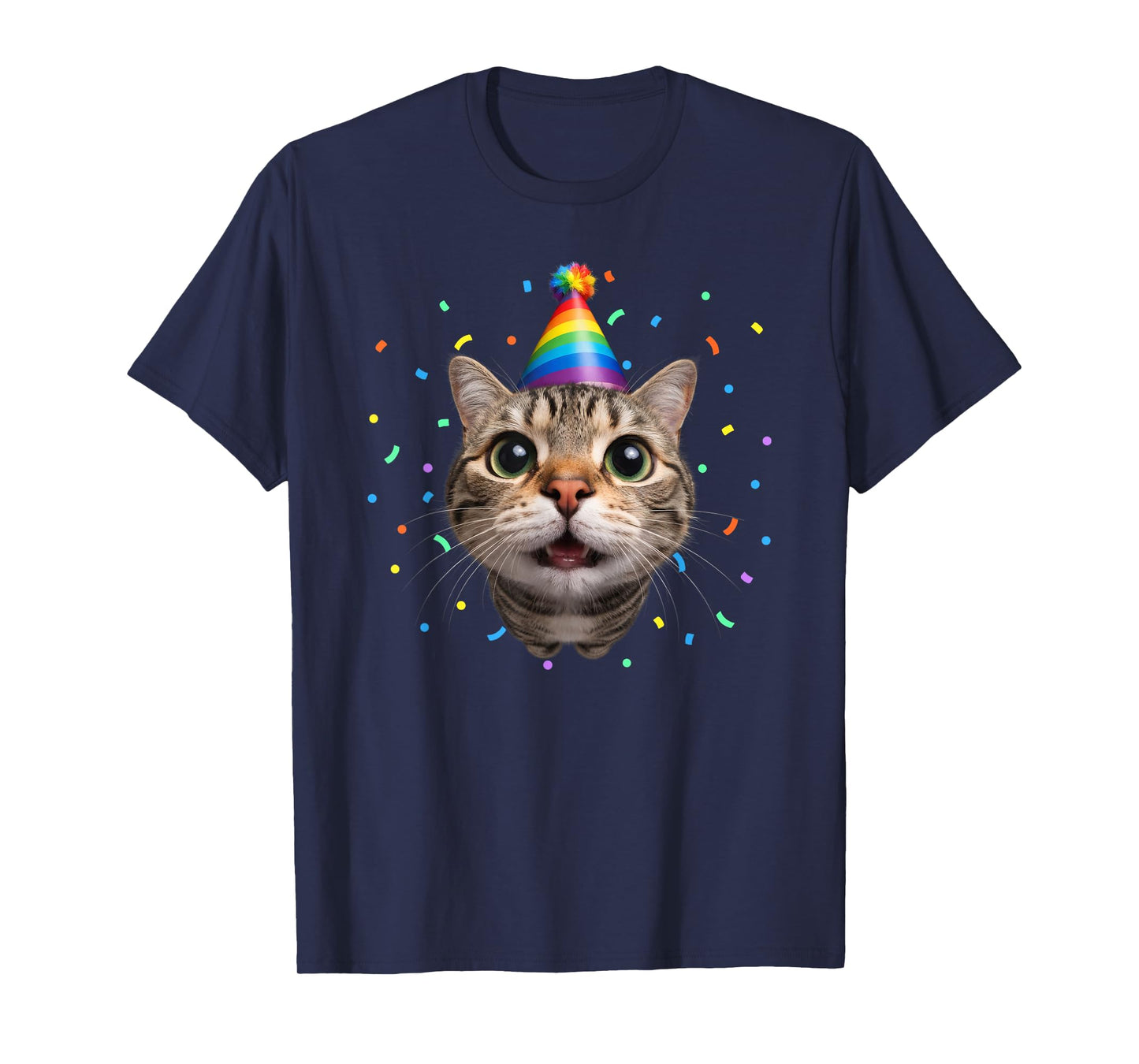 Funny Tabby Cat Face Rainbow Party Hat Cute Birthday Kitty T-Shirt