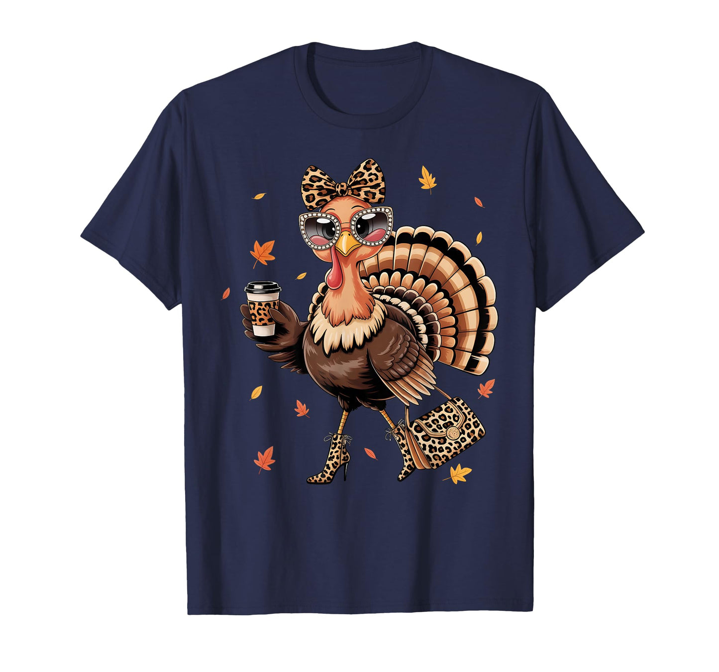 Leopard Turkey Drinking Coffee Thanksgiving Women Turkey Day T-Shirt