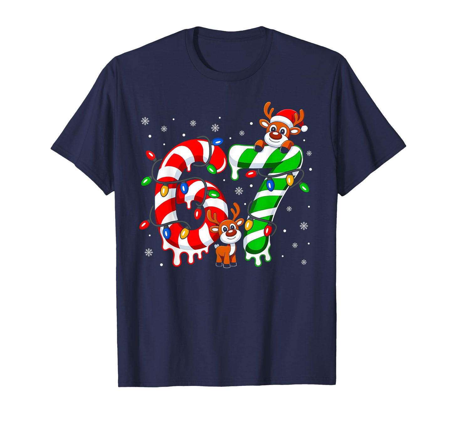 Number 67 Six Seven 6 7 Meme Candy Cane Matching Christmas T-Shirt