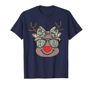 Reindeer Rudolph Merry Christmas Xmas Holiday Girls Camo T-Shirt