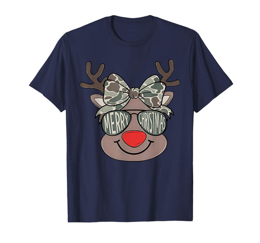 Reindeer Rudolph Merry Christmas Xmas Holiday Girls Camo T-Shirt