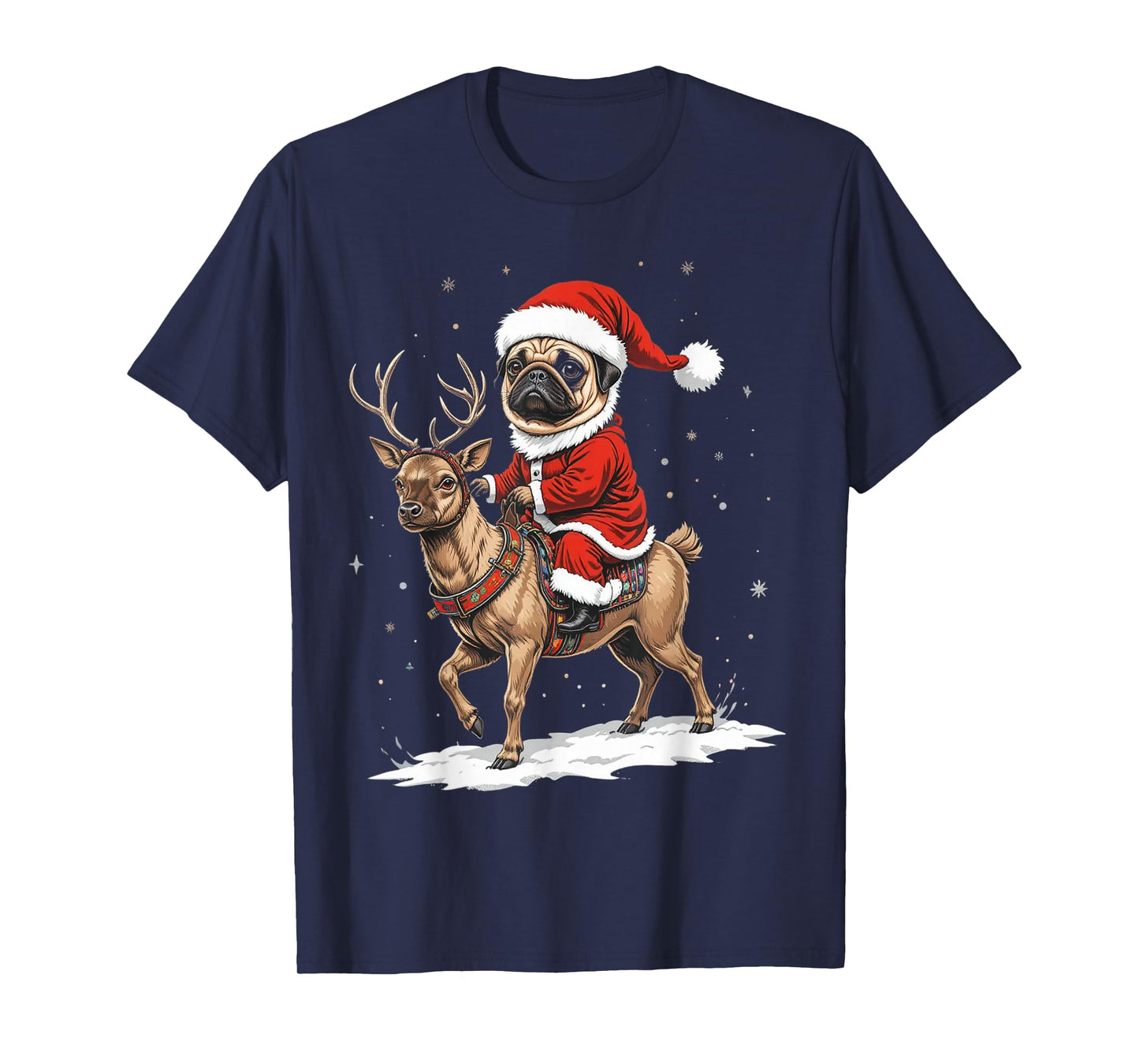 Pug Santa Riding Reindeer Christmas Holiday Puppy Happy T-Shirt
