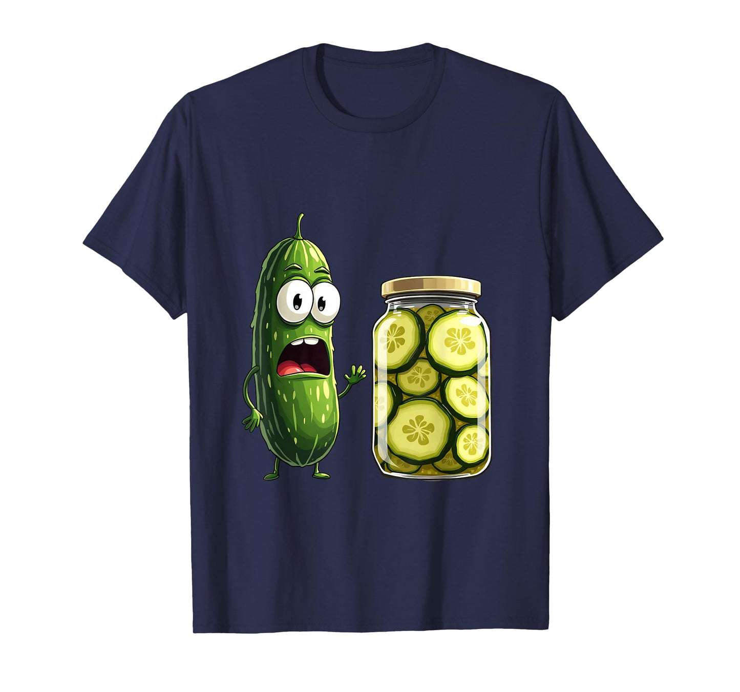 Surprised Pickle and Jar of Pickles Cartoon T-Shirt