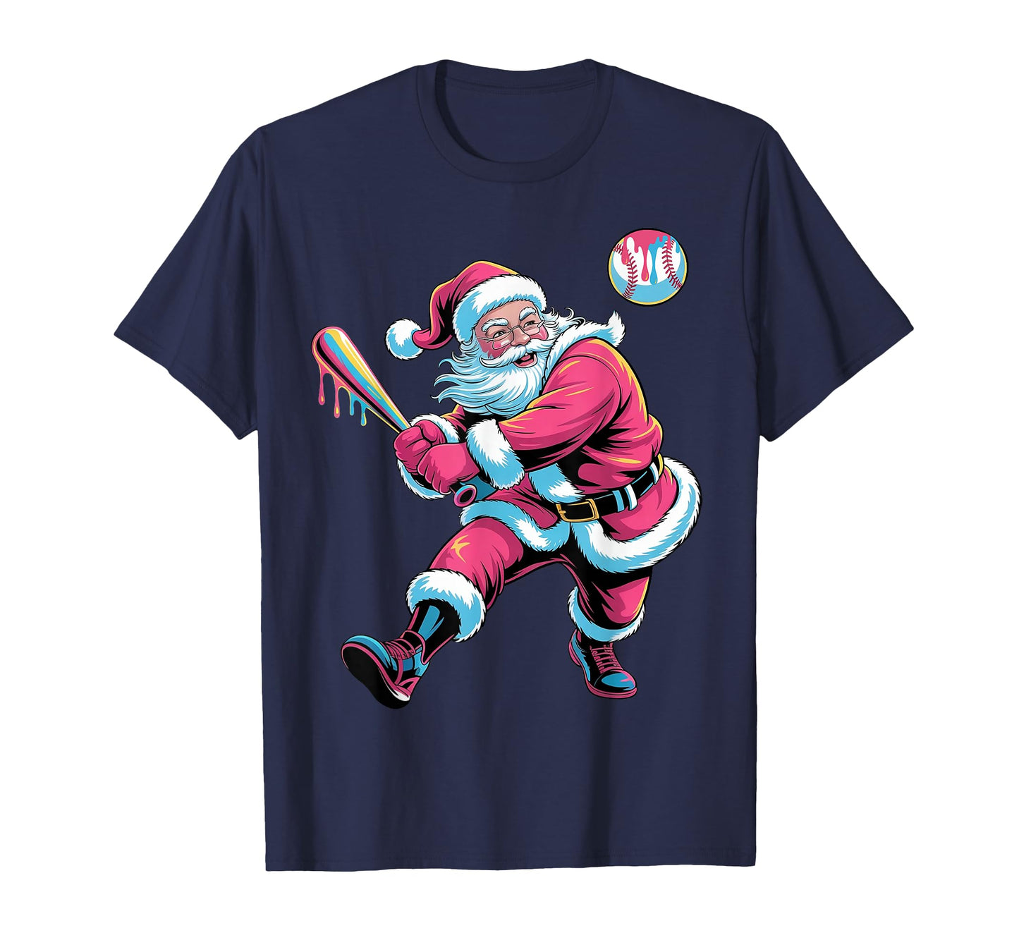 Christmas Baseball Santa Claus Batter Baseball Drip Xmas T-Shirt