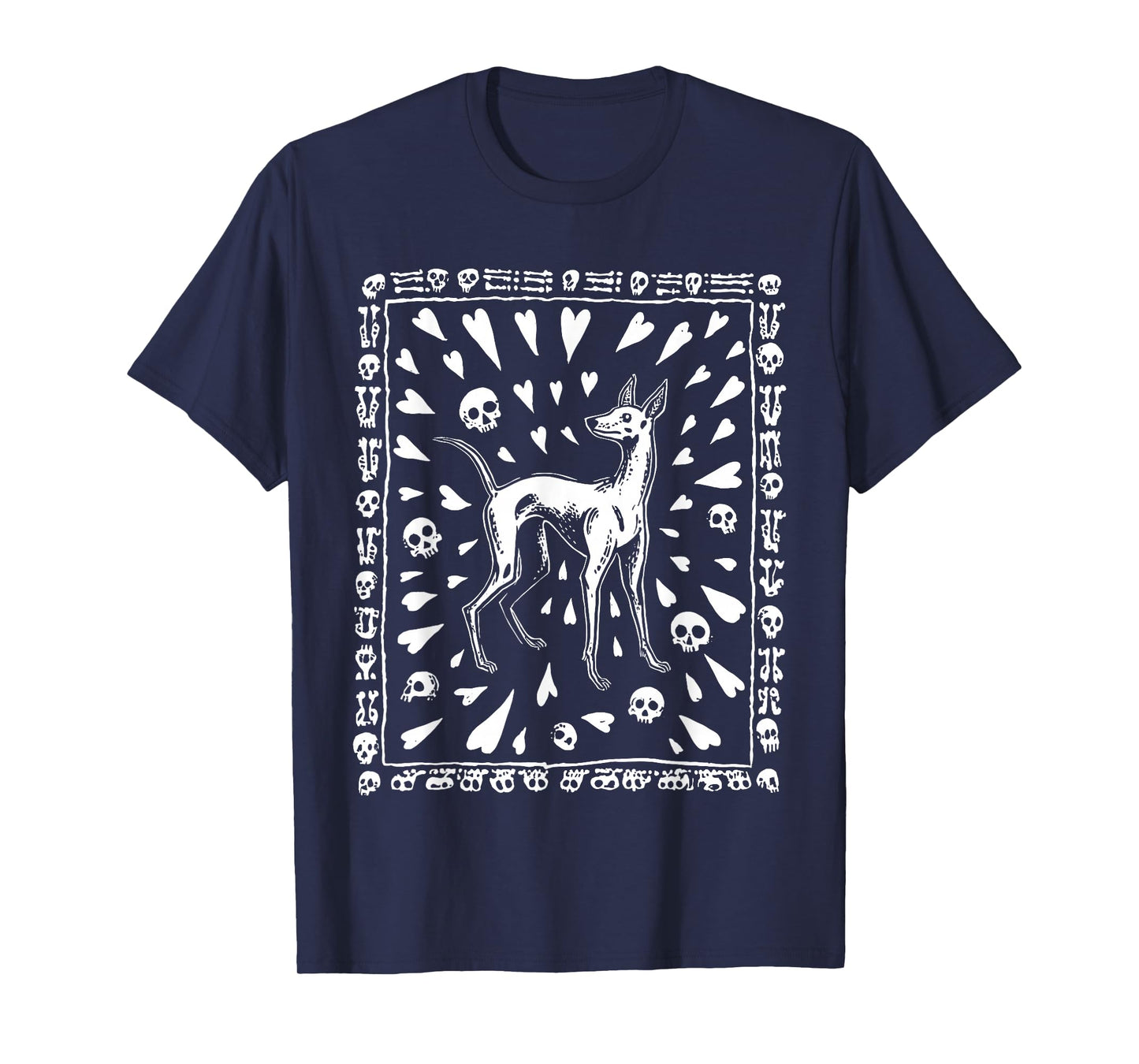 Día de Los Muertos Xolo Dog Folk Art with Skulls and Hearts T-Shirt
